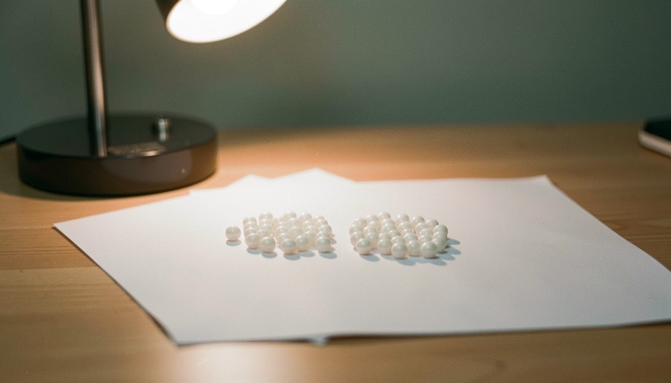 To snore af små hvide ferskvandsperler lagt side om side på hvidt papir under en tændt skrivebordslampe, den ene snor tydeligt blankere end den anden